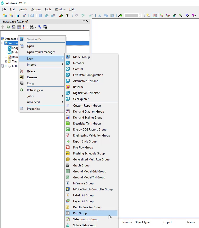 In the InfoWorks WS Pro interface, the Session 05 shortcut menu with New selected, and in the flyout, Run Group selected.