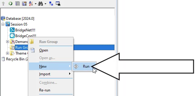 In the Model Group window, Run Group shortcut menu, New is selected and Run is selected and called out.