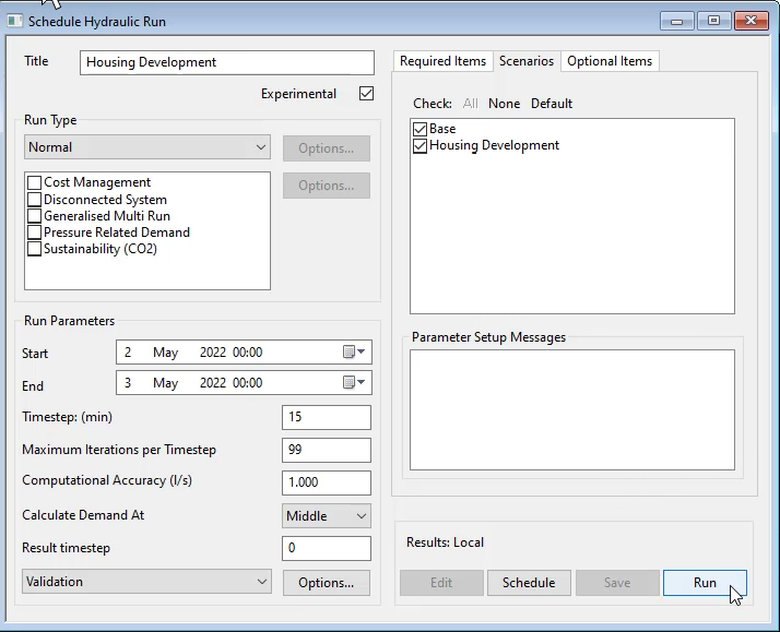 The Schedule Hydraulic run dialog box with the options Base and Housing Development selected in the Scenarios tab, other options configured, and Run selected.