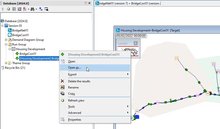 In the Model Group window, the Housing Development shortcut menu with Open as selected; and in the workspace, the base GeoPlan open.