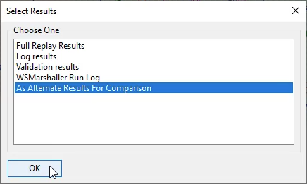 The Select Results dialog box with As Alternate Results For Comparison and OK selected.