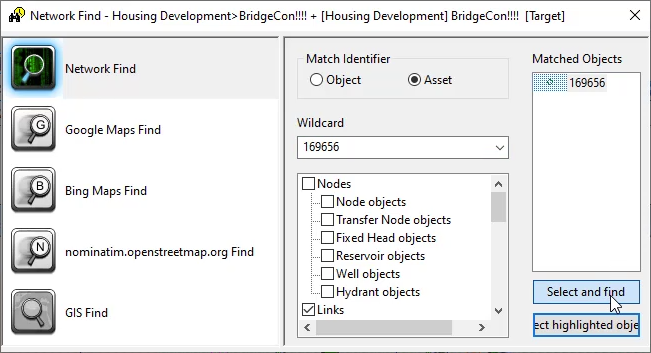 The Network Find dialog box with the asset ID entered under Wildcard, options configured, and Select and find selected.