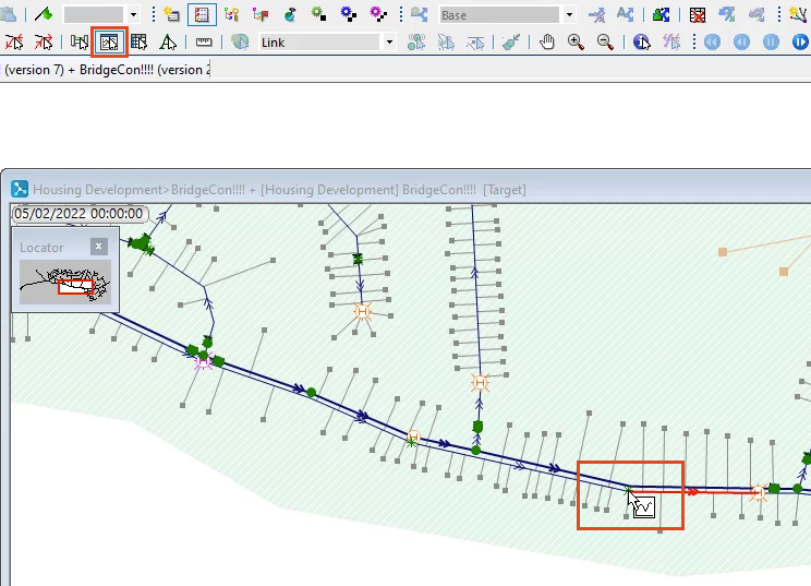 In the Tools toolbar, Graph is selected and highlighted, and in the GeoPlan, a node of the found pipe is selected and highlighted.