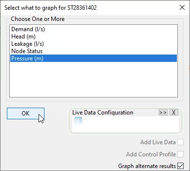 The Select what to graph dialog box with Pressure (m) selected, Graph alternate results enabled and OK selected.