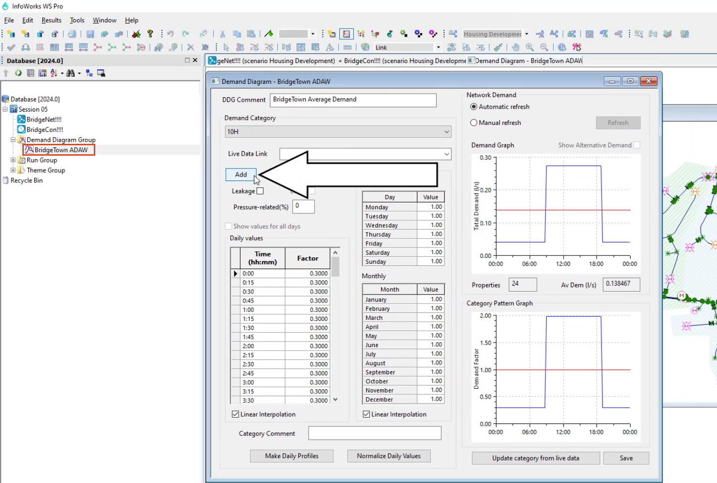 The InfoWorks Pro interface, Model Group window with BridgeTown ADAW highlighted, and the Demand Diagram window with Add selected.