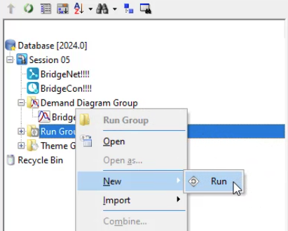 In the Model Group window, Run Group shortcut menu, New is selected and Run is selected.