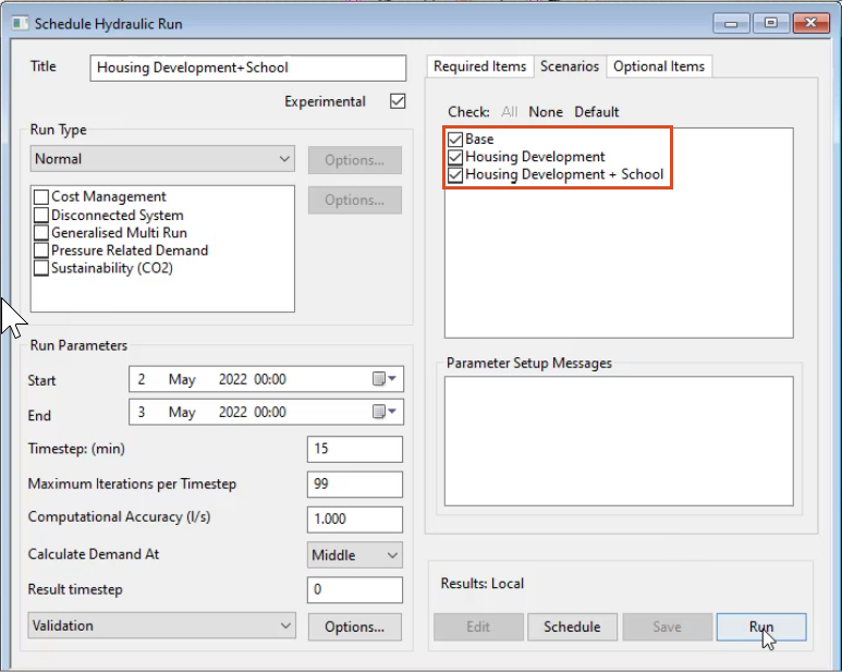 The Schedule Hydraulic Run dialog box, Scenarios tab, with all three scenarios enabled and Run selected.