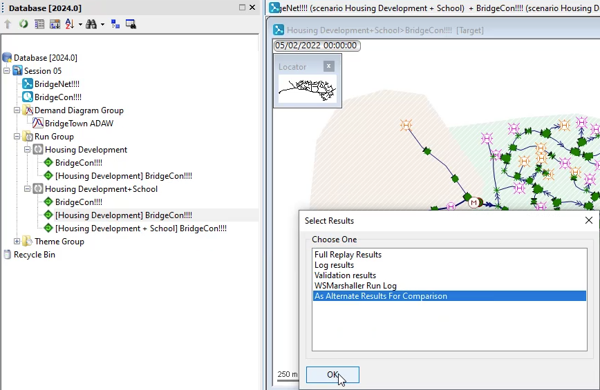 The Model Group window with Housing Development scenario selected, and the Select Results dialog box with As Alternate Results For Comparison and OK selected.