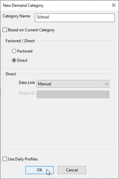 The New Demand Category dialog box with “School” in the Category Name box, Direct enabled, Data Link set to Manual, and OK selected.