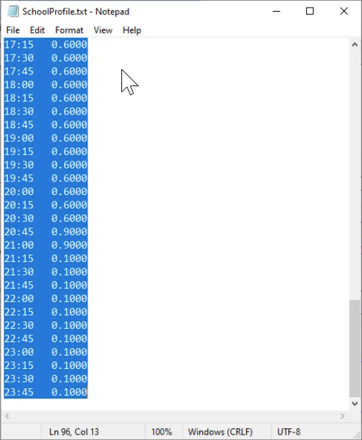 A text document with data representing a demand pattern for a 24-hour period, with all data selected for copying.