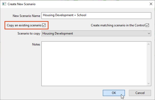 The Create New Scenario dialog box with the name entered, Copy to an existing scenario enabled and highlighted, and Housing Development and OK selected.