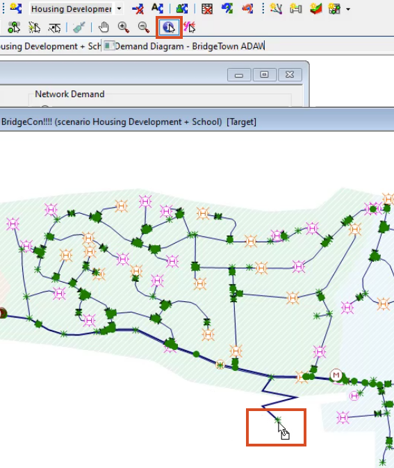 The Tools toolbar with Properties selected, and the GeoPlan with the planned development node selected; both highlighted in red.