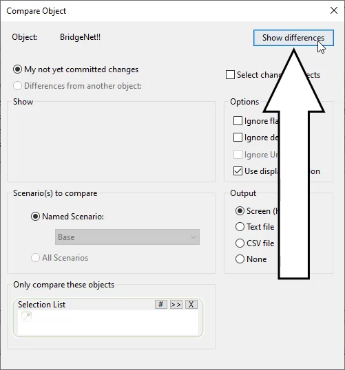 In the Compare Object dialog box, Show differences is selected.