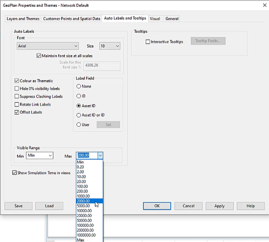 In the GeoPlan Properties and Themes dialog box, under Visible Range, the Max drop-down is expanded and 2000.00 is selected.