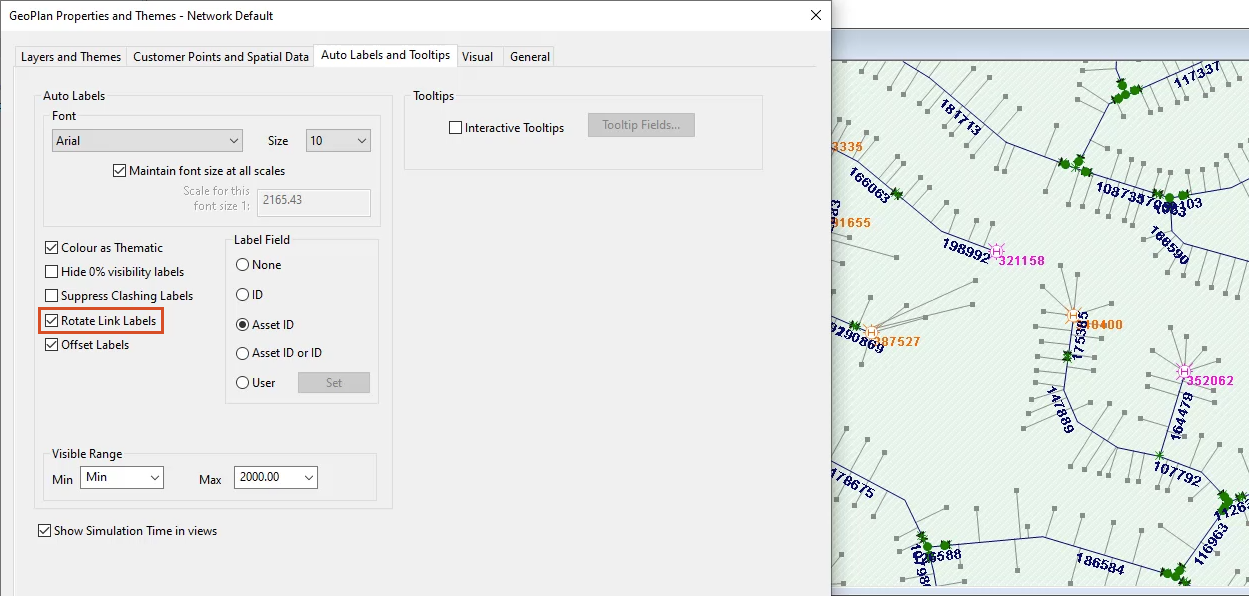 The GeoPlan Properties and Themes dialog box, Auto Labels and Tooltips tab, with Rotate Link Labels selected and highlighted in red, and the GeoPlan with updated labels.