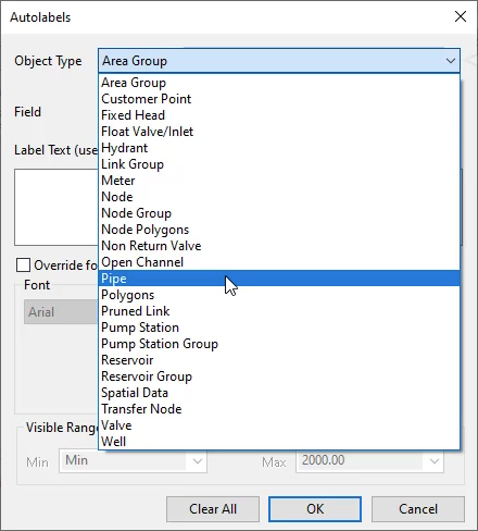 In the Autolabels dialog box, the Object Type drop-down is expanded, and Pipe is selected.