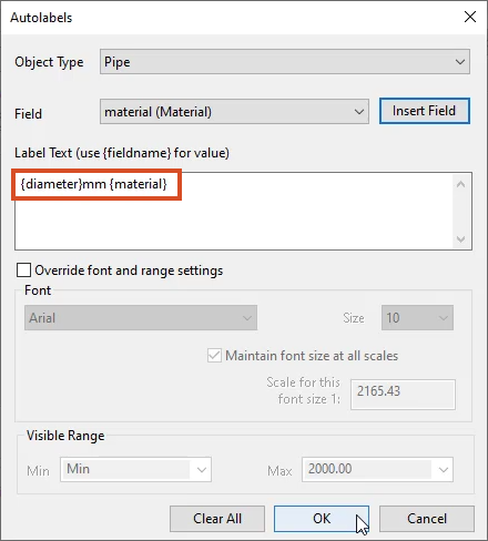 In the Autolabels dialog box, the Label Text box includes the “diameter” field, the measurement “mm”, and the “material” field, and OK is selected.