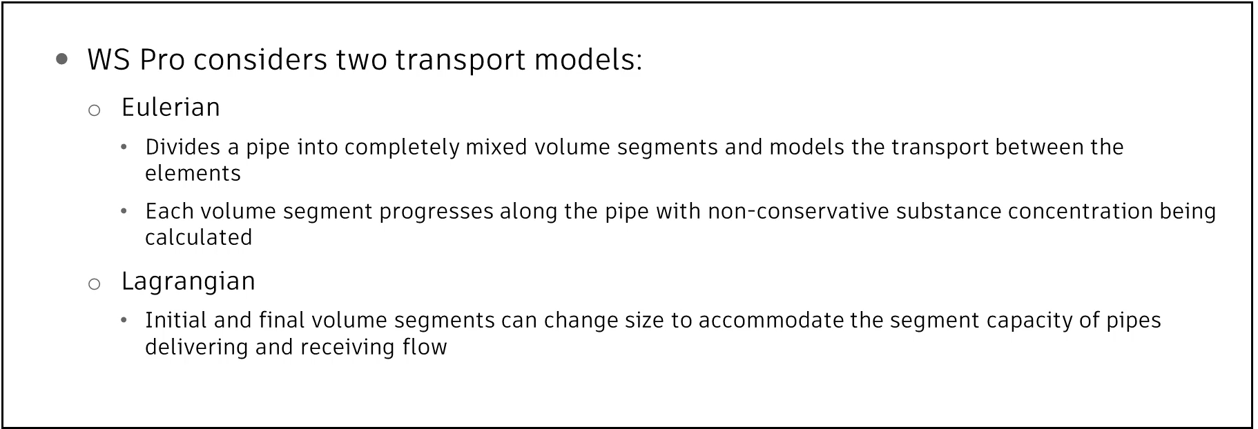 A presentation slide containing details about the Eulerian and Lagrangian transport models.