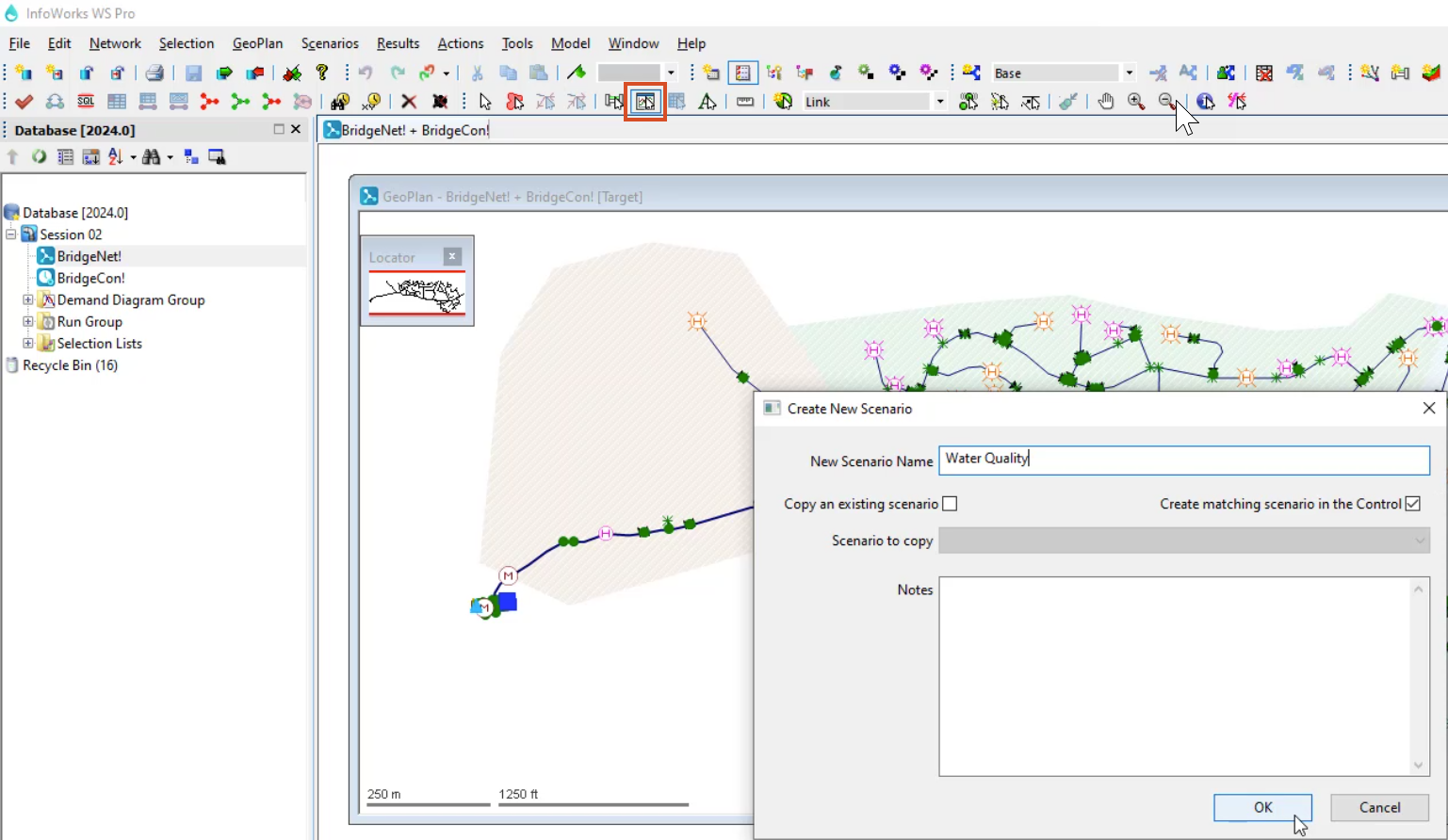 The InfoWorks WS Pro interface with Create scenario selected and highlighted in red, the Create New Scenario dialog box with a name entered and OK selected, and in the workspace, the BridgeNet GeoPlan.