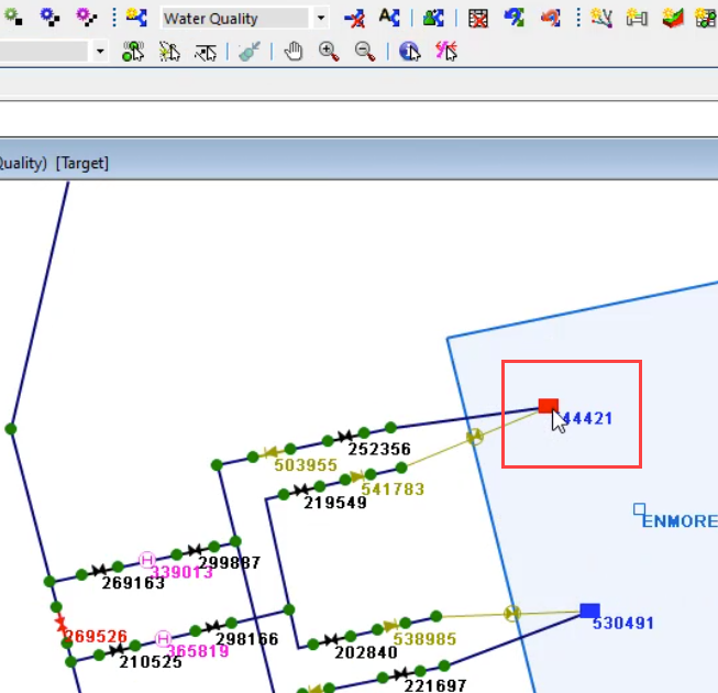 The GeoPlan zoomed into the Water Quality scenario with node 544421 highlighted in red.