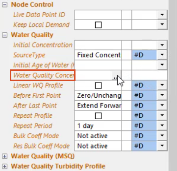 In the Properties panel, the Water Quality section expanded and in the Water Quality Concentration cell, More (…) selected.