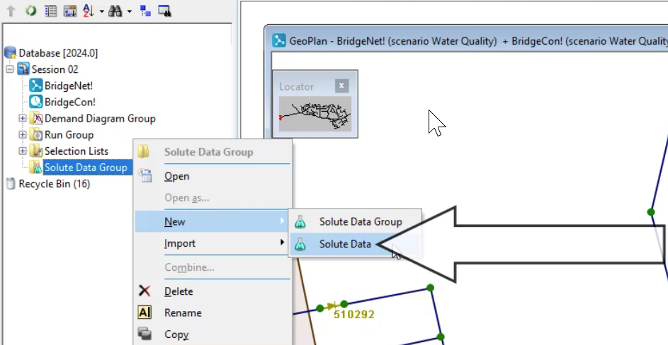 In the Model Group window, Solute Data Group shortcut menu, New is selected and Solute Data is selected and called out.