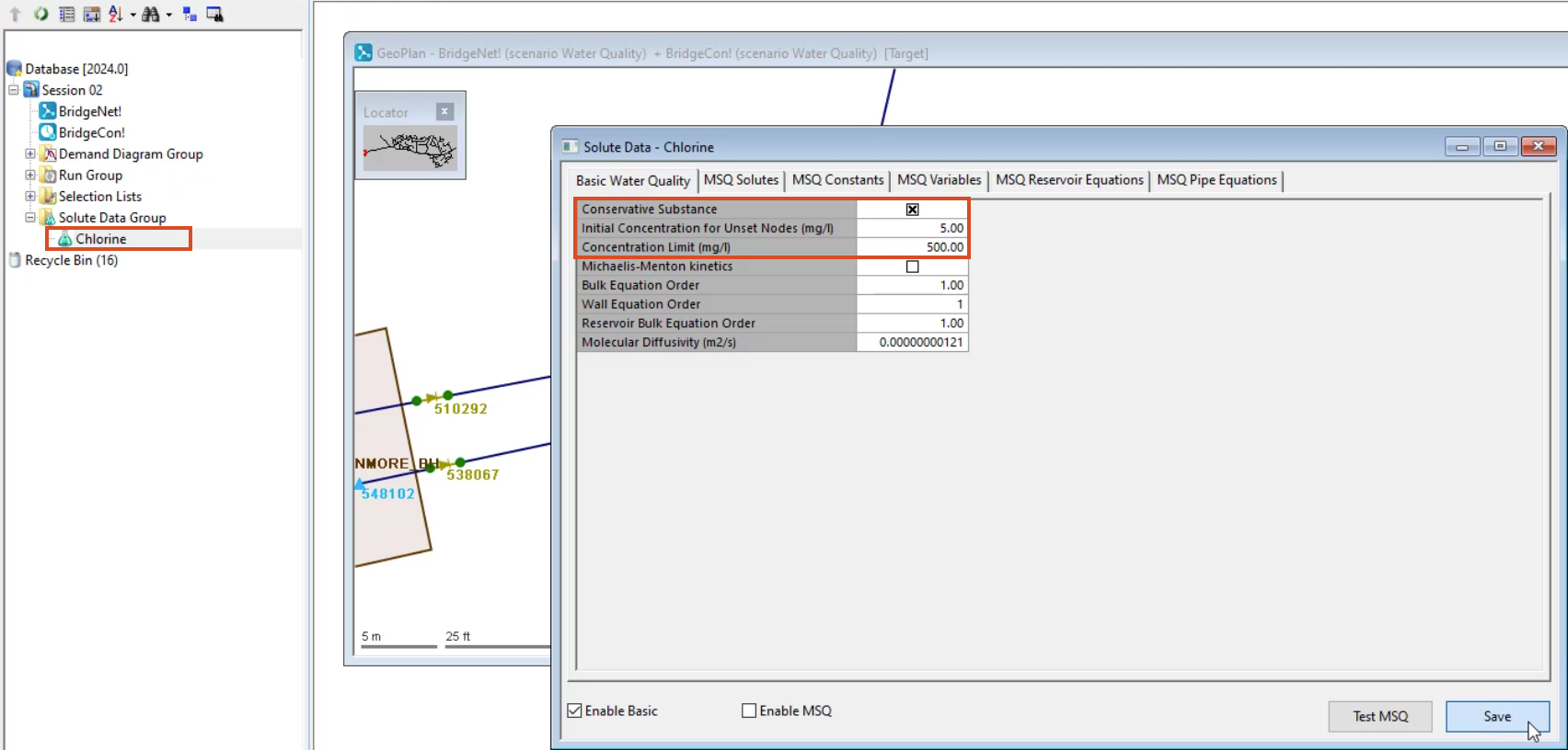 In the Model Group window, Chlorine solute data highlighted in red, and the Solute Data – Chlorine window, Basic Water Quality tab with properties customized and Save selected.