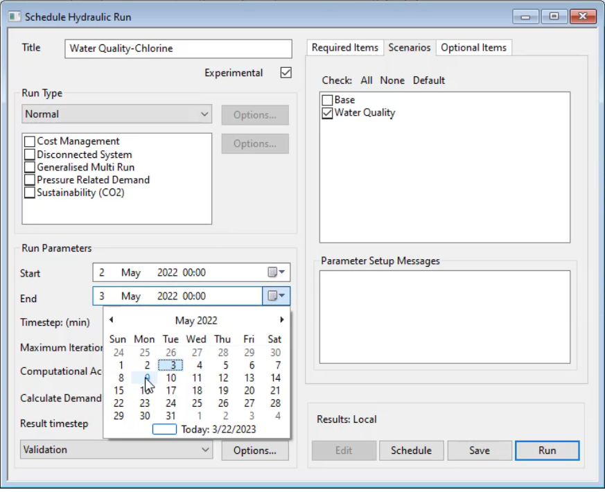 The Schedule Hydraulic Run dialog box, Scenarios tab, with the Water Quality scenario selected and under Run Parameters, the End drop-down with a new date selected.