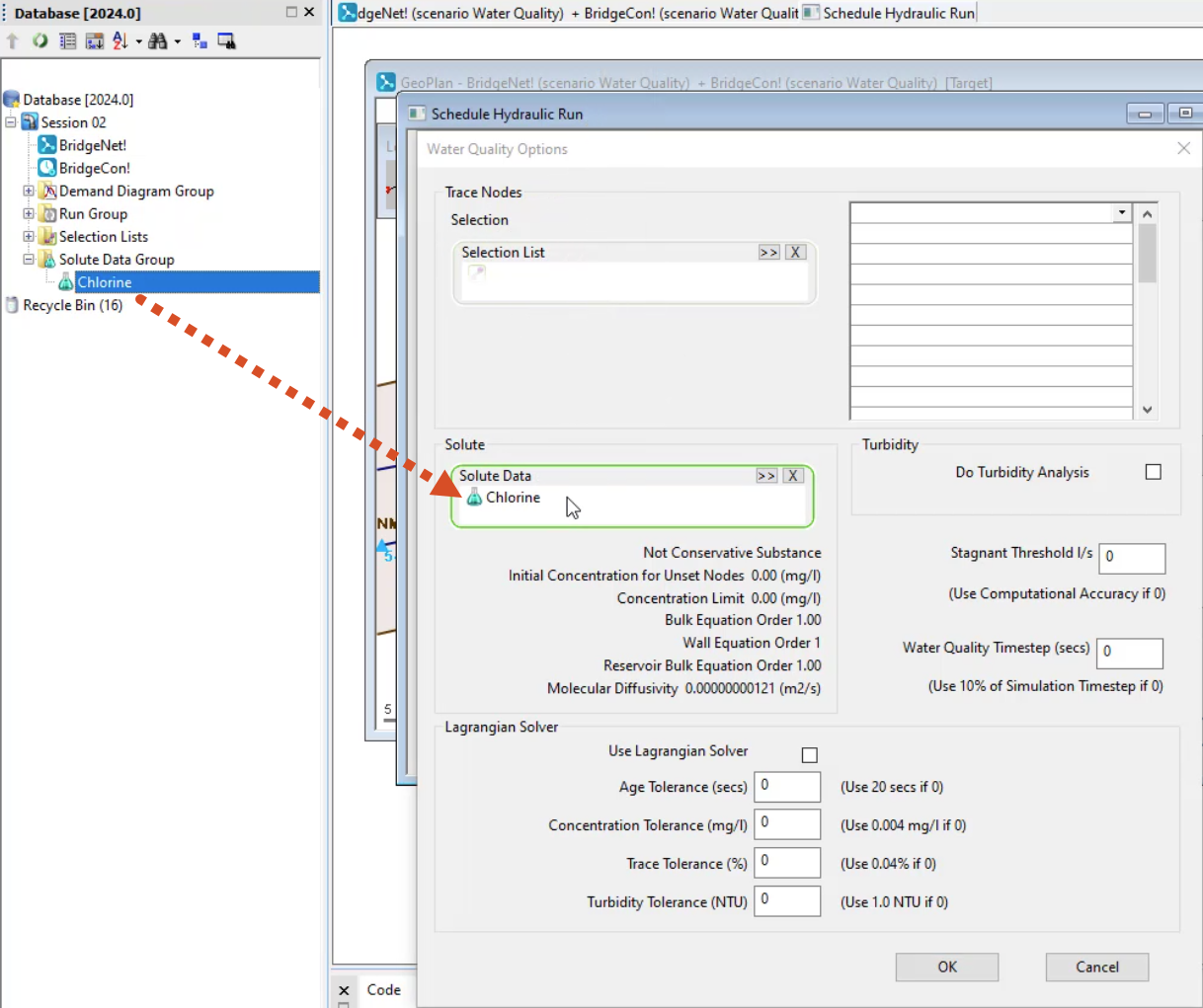 The Model Group window with Chlorine highlighted and  the Water Quality Options dialog box after dropping Chlorine into the Solute Data group box; its path indicated with a red dotted arrow.