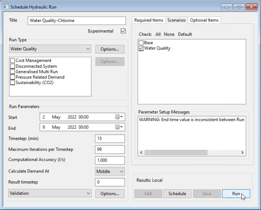 The Schedule Hydraulic Run dialog box with options set for the Water Quality run and OK selected.