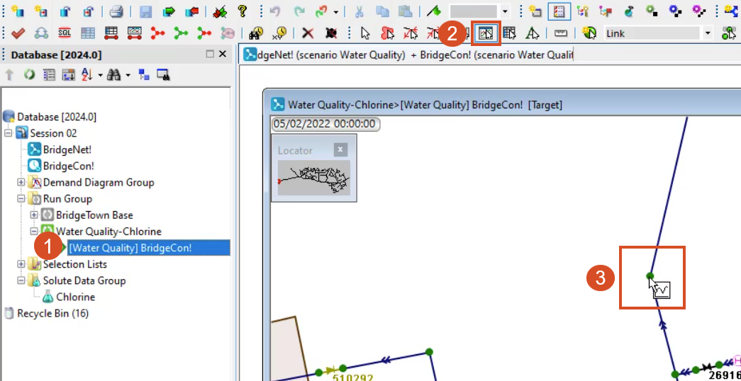 The Model Group window with Water Quality selected, the Tools toolbar with Graph highlighted, and in the workspace, the Water Quality GeoPlan open with the selected node highlighted.