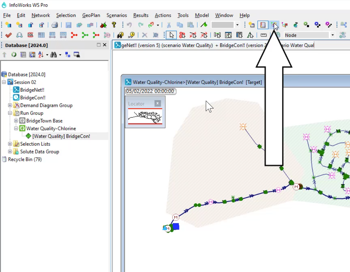 The Info Works WS Pro interface, Docking windows toolbar with Thematic Key window selected and called out, and in the workspace, the Water Quality GeoPlan open.