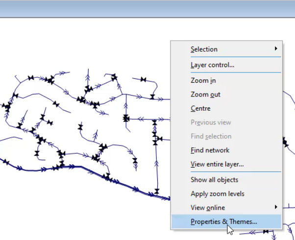 The Water Quality GeoPlan shortcut menu with Properties & Themes selected.