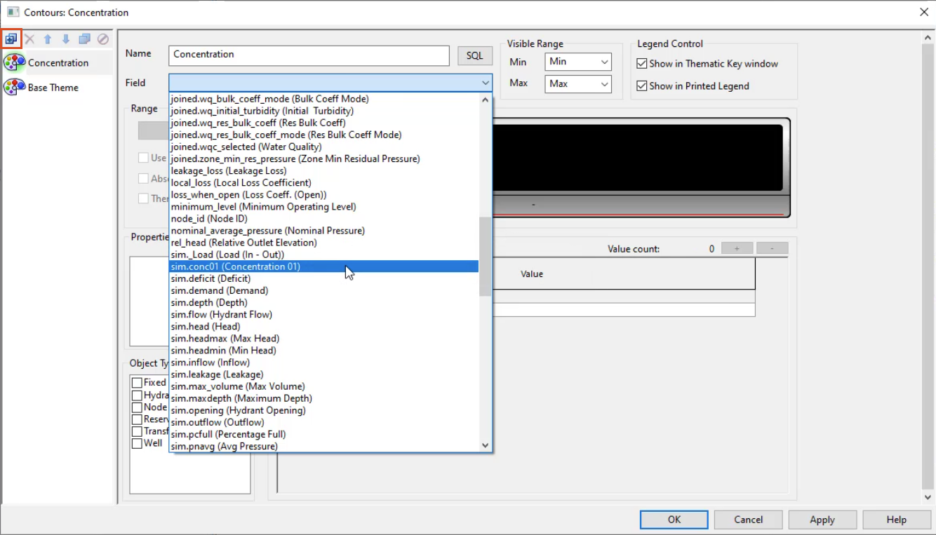 The Contours: Base Theme dialog box with Add New highlighted in red, the name “Concentration” entered and in the Field drop-down, Sim.conc01 (Concentration01) selected.