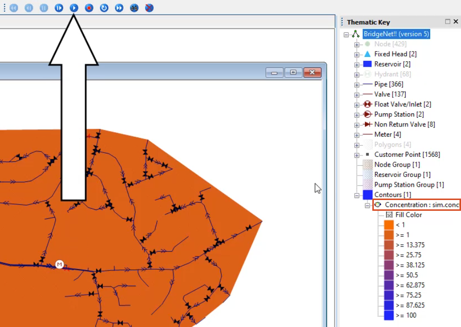 The Replay toolbar with the Play command called out, and in the Thematic Key, the contour theme expanded to display concentration levels by color.