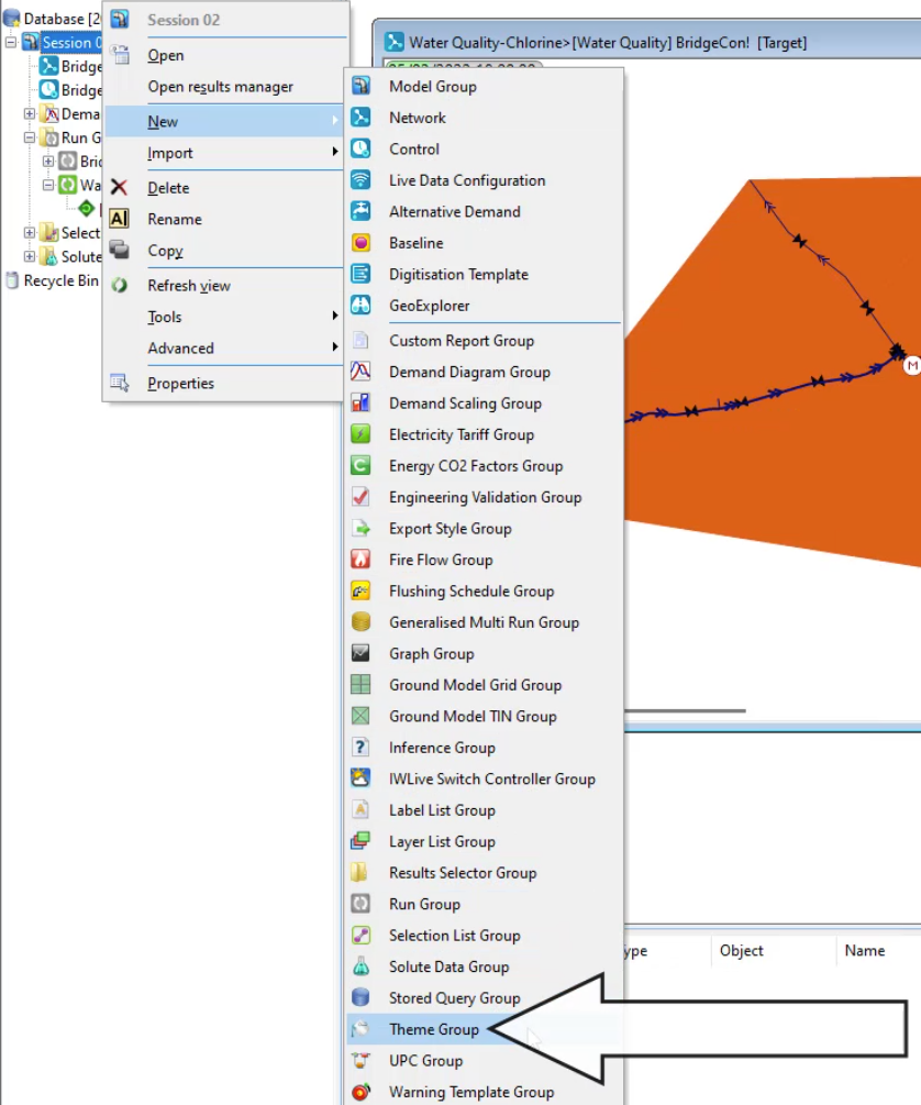 The Model Group window, Session 02 shortcut menu with New selected, and in the drop-down, Theme Group selected.