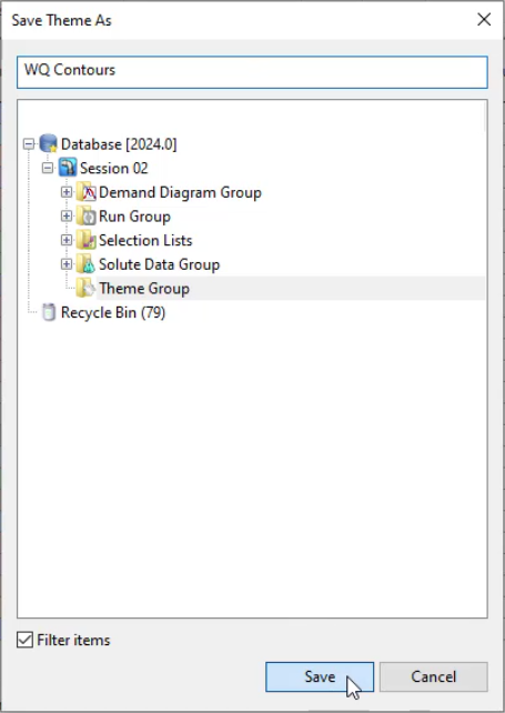 The Save Theme As dialog box with the name “WQ Contours” entered, in the file tree, Theme Group selected, and Save selected.