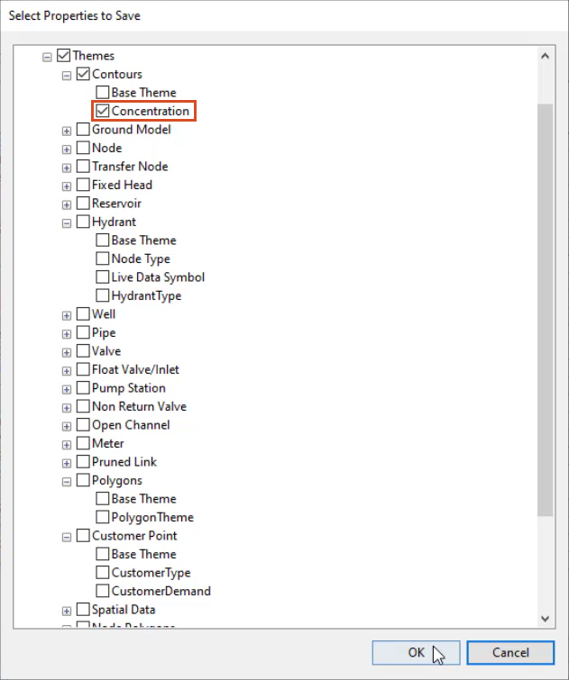 The Select Properties to Save dialog box with Themes expanded, under Contours, Concentration selected and OK selected.