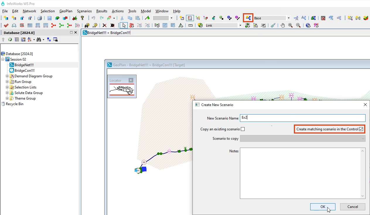 The InfoWorks WS Pro interface, Scenarios toolbar with Create Scenario selected, and the Create New Scenarios dialog box with options selected for the “Ex2” scenario.