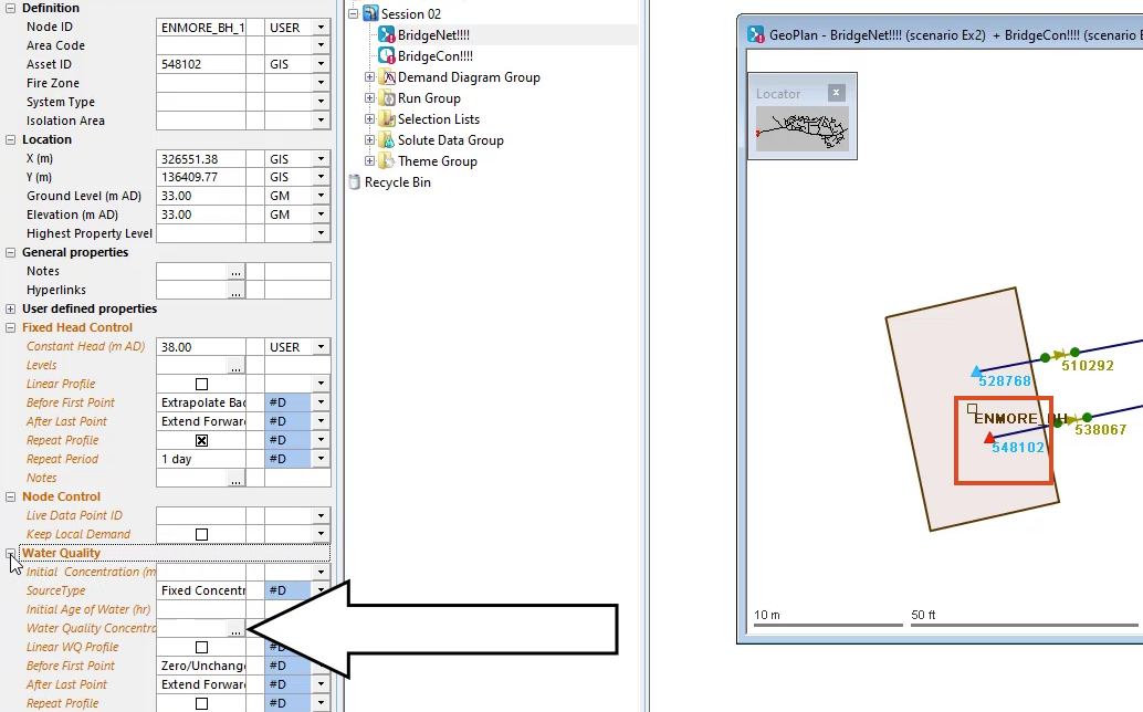 In the Properties panel, Water Quality Concentration cell, the More (…) button called out; and the GeoPlan zoomed into the selected fixed head, highlighted in red.