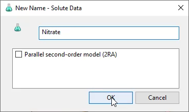 The New Name -Solute Data dialog box with the name “Nitrate“ entered and OK selected.