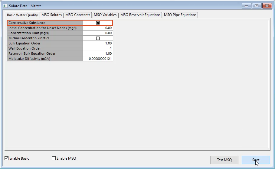 The Solute Date – Nitrate window, Basic Water Quality tab, with Conservative Substance enabled and highlighted in red, and Save selected.