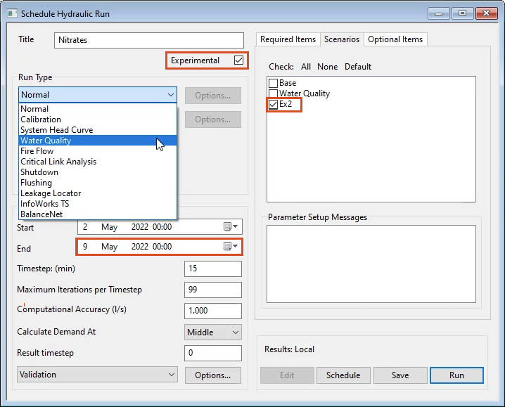 The Schedule Hydraulic Run dialog box with options selected and set for the Nitrates run, and in the Run Type drop-down, Water Quality selected.