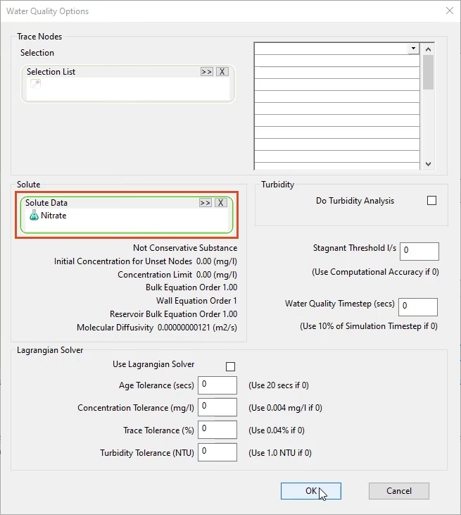 The Water Quality Options dialog box with Nitrate in the Solute Data group box and OK selected.