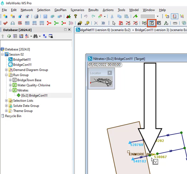 The InfoWorks WS Pro interface, Tools toolbar with Graph selected and highlighted in red; and in the workspace, the Nitrates GeoPlan zoomed in to the selected node, also called out.