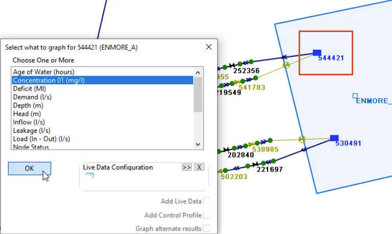 The GeoPlan with the reservoir selected in red, and the Select what to graph for dialog box with Concentration 01 (mg/l) and OK selected.