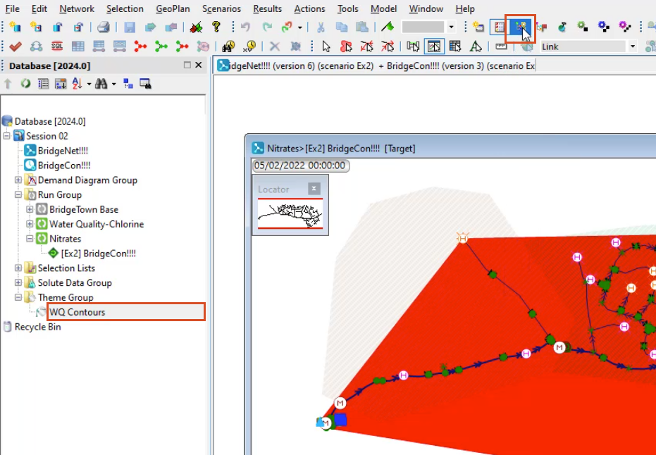 The Model Group window with WQ Contours highlighted in red, the Docking windows toolbar with Thematic Key window selected, and in the workspace, the WQ Contours GeoPlan open.