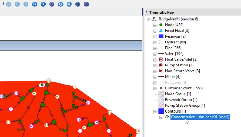 The WQ Contours GeoPlan with Polygons no longer displayed, and the Thematic Key with Sim.conc01 selected.