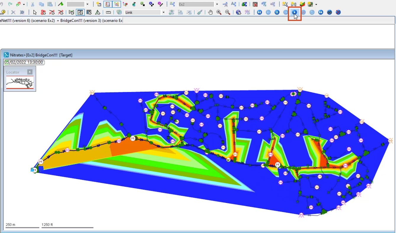 The Replay toolbar with Play selected and highlighted in red, and in the GeoPlan, the simulation of nitrate concentrations over time.