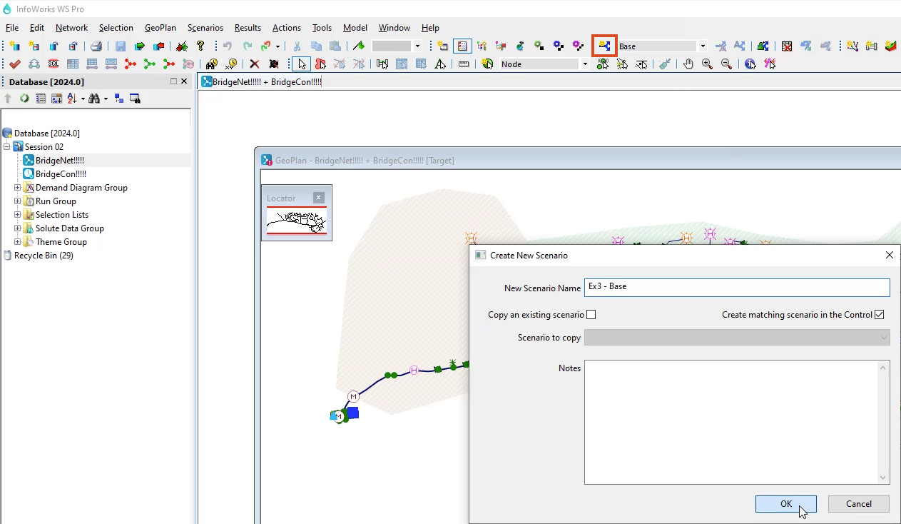 The InfoWorks WS Pro interface, Scenarios toolbar with Create scenario highlighted in red, the Create New Scenario dialog box with options configured, and in the workspace, the network GeoPlan open.